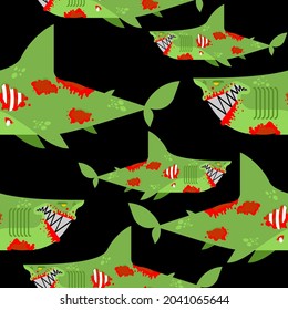 Zombie shark pattern seamless. sea predator is dead background. Green monster fish ornament