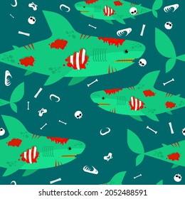 Zombie shark pattern seamless. sea predator is dead background. Green monster fish ornament