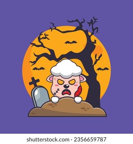 Zombie sheep rise from graveyard in halloween day. Cute halloween cartoon illustration. 