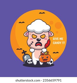 Zombie sheep want candy. Cute halloween cartoon illustration. 