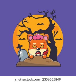 Zombie shiba inu erhebt sich in halloween vom Friedhof. Cute halloween Cartoon Illustration. 