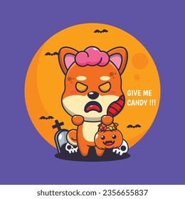 Zombie shiba inu want candy. Cute halloween cartoon illustration. 