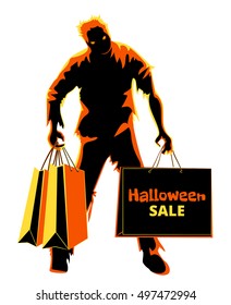 Zombie With Shopping Bags Isolated On White. Halloween Sale