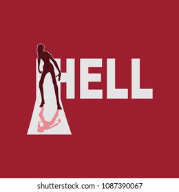 Zombie silhouette comes into the house through the open door. Shadows in dark room. Hell text as door. Halloween theme background