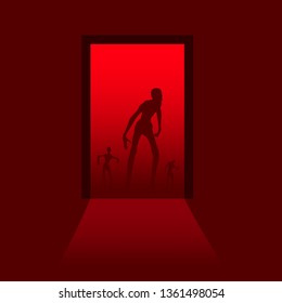 Zombie silhouette comes into the house through the open door. Shadows in dark room. Halloween theme background
