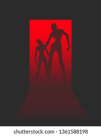 Zombie silhouette comes into the house through the open door. Shadows in dark room. Halloween theme background