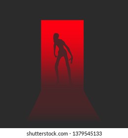 Zombie silhouette comes into the house through the open door. Shadows in dark room. Halloween theme background