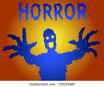 Zombie silhouette with glowing eyes draws his hands. The horror genre. Scary halloween character. Vector illustration.