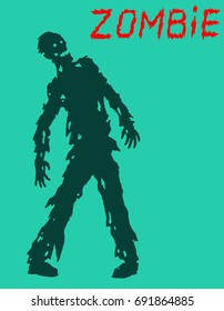 Zombie silhouette in leaky clothes. Vector illustration. Scary character design. The horror genre. Blue color background.