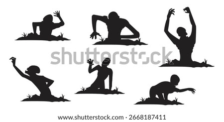 Zombie Silhouette Set Rising from Grave for Halloween Design