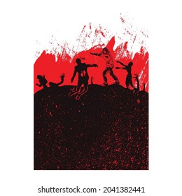 Zombie Silhouettes Crowd attack on man illustration or clipart for Halloween party background and t-shirt design