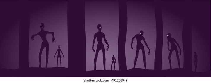 Zombie silhouettes in dark forest. Halloween theme background