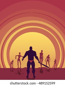 Zombie silhouettes on sunset. Halloween theme background. Bodybuilder with a baseball bat stops zombies