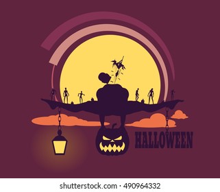 Zombie silhouettes on sunset. Halloween theme background. Bodybuilder posing on pumpkin. Witch fly out from body