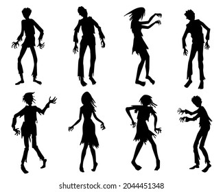 Zombie silhouettes set. Halloween icons set isolated. Zombie horror people silhouettes.