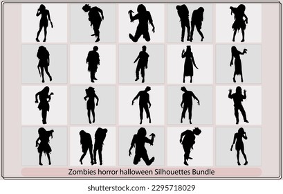 Zombie silhouettes set,Zombie Hand Silhouette. Clip Art Design Vector. Halloween Scary Grave. Arm Monster Dead,Zombie standing and walking actions in Silhouette