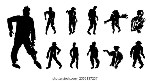 Silhouettes zombies.Variedad de muertos caminando, monstruos nocturnos, brotes agresivos de descomposición de seres humanos. La gente resucitó después de la muerte y se levantó de las tumbas, habiendo perdido la mente pero con hambre salvaje. Aislado