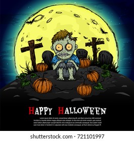 Zombie sit down in graveyard. Halloween background from vector.