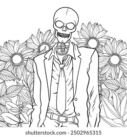 Zombie skeleton walking amongst sunflowers, colouring book page design, vector outline.