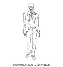 Zombie skeleton, walking undead, scary halloween, horror. Colouring book page design, vector outline.