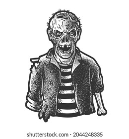 Zombie sketch engraving vector illustration. T-shirt apparel print design. Scratch board imitation. Black and white hand drawn image.