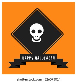 Zombie skull face icon. Black Happy Halloween Ribbon Banner on Orange background. Vector illustration