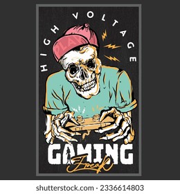 Zombie skull gamer, holding controller, wearing cap, tee shirt, and playing game.