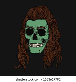 Zombie skull with long brown hair. Stylish men's hairstyle. Picture for halloween, barbershop and clothes.