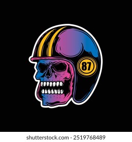 Zombie skull wearing a motorcycle helmet. Original vector illustration in vintage style isolated on black background. T-shirt design. Hand drawn, not by AI!