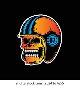 Zombie skull wearing a motorcycle helmet. Original vector illustration in vintage style isolated on black background. T-shirt design. Hand drawn, not by AI!