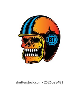 Zombie skull wearing a motorcycle helmet. Original vector illustration in vintage style isolated on white background. T-shirt design. Hand drawn, not AI