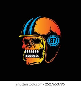 Zombie skull wearing a motorcycle helmet. Original vector illustration in vintage style isolated on black background. T-shirt design. Hand drawn, not AI