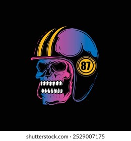 Zombie skull wearing a motorcycle helmet. Original vector illustration in vintage style isolated on black background. T-shirt design. Hand drawn, not AI