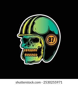 Zombie skull wearing a motorcycle helmet. Original vector illustration in vintage style isolated on black background. T-shirt design. Hand drawn, not AI