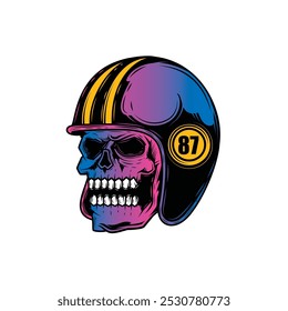 Zombie skull wearing a motorcycle helmet. Original vector illustration in vintage style isolated on white background. T-shirt design. Hand drawn, not AI