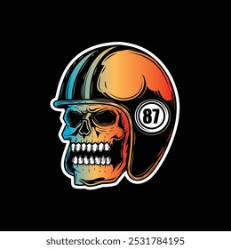 Zombie skull wearing a motorcycle helmet. Original vector illustration in vintage style isolated on black background. T-shirt design. Hand drawn, not AI