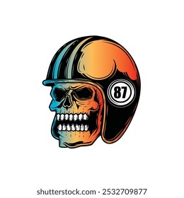 Zombie skull wearing a motorcycle helmet. Original vector illustration in vintage style isolated on white background. T-shirt design. Hand drawn, not AI