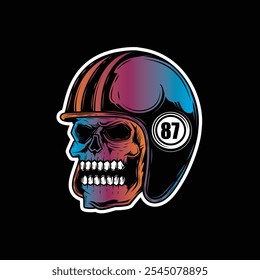 Zombie skull wearing a motorcycle helmet. Original vector illustration in vintage style isolated on black background. T-shirt design. Hand drawn, not AI