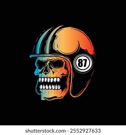 Zombie skull wearing a motorcycle helmet. Original vector illustration in vintage style isolated on black background. T-shirt design. Hand drawn, not AI