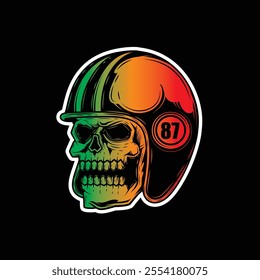 Zombie skull wearing a motorcycle helmet. Original vector illustration in vintage style isolated on black background. T-shirt design. Hand drawn, not AI