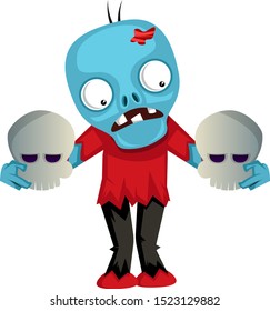 Zombie with skulls, illustration, vector on white background.