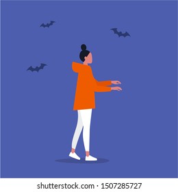 Zombie. Sleepwalking. Hypnotised female character. Conceptual illustration, clip art