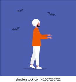 Zombie. Sleepwalking. Hypnotised indian male character. Conceptual illustration, clip art
