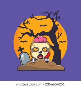 Zombie sloth rise from graveyard in halloween day. Cute halloween cartoon illustration. 
