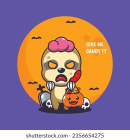 Zombie sloth want candy. Cute halloween cartoon illustration. 