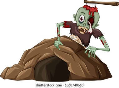 Zombie with small cave isolated on white background illustration