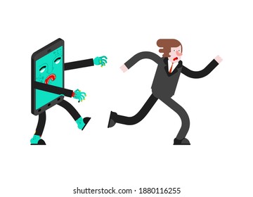 Zombie Smartphone Is Chasing Man. Vector Illustration