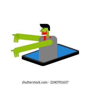 Zombie in smartphone. Zombi in gadget. Vector illustration