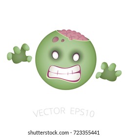Zombie smiley. Round green head of the evil monster with a naked brains and white eyes. Halloween emoticon snarls and threatens with a twisted fingers. Undead emoji isolated on a white background.