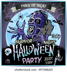 Zombie sneaks up on the background of a full moon, illustration on the theme of the halloween party. 31 october - 1 november. Horror night. trick or treat. skull, candle, spider, bats. Boo. web. art